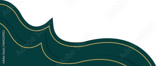 Elegant dark green abstract wave banner with gold and black trim.