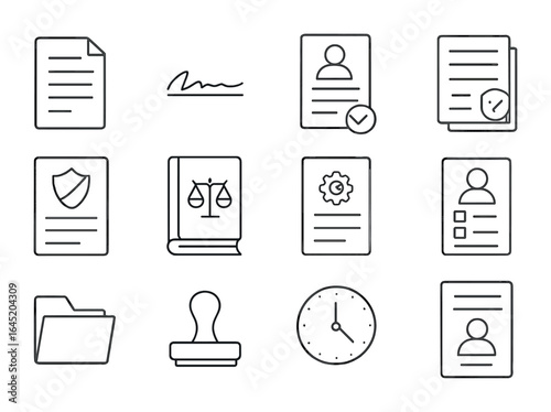 Employment Icons Grid. Outline vector icons of employment contracts and documentation: contract icon,