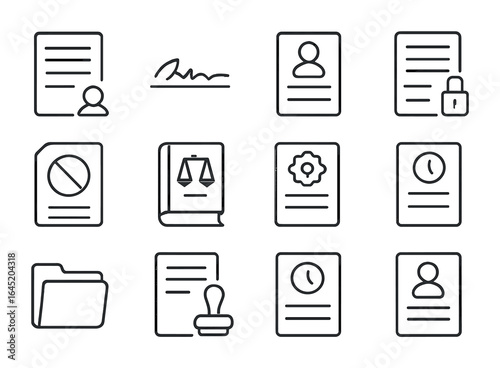 Employment Icons Grid. Outline vector icons of employment contracts and documentation: contract icon,