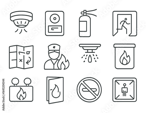 Fire Safety Icons Grid. Outline vector icons of fire safety in healthcare: smoke detector, fire alarm,