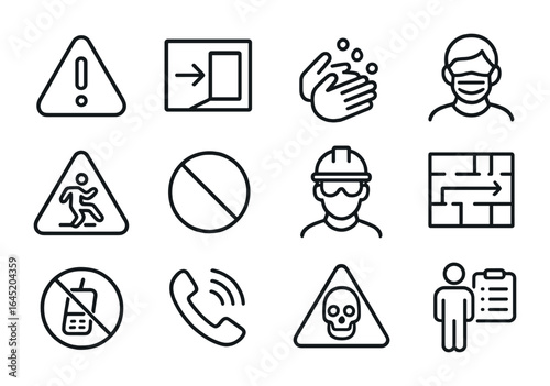 Healthcare Safety Icons. Outline vector icons of safety signage in healthcare: caution icon, exit sign, wash