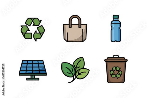 Green living and recycle icon set, solar panel reusable bag water bottle leaf compost bin vector, sustainability illustration, eco friendly clipart, environmental design elements
