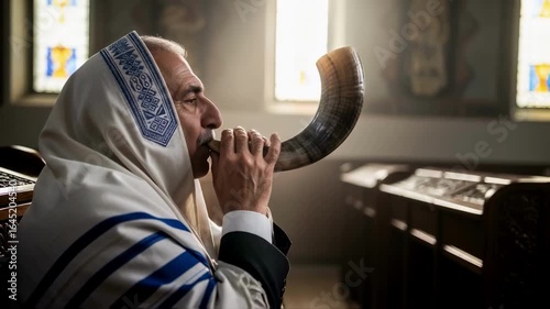 A jewish man wearing a traditional tallit blows the shofar horn during a service in a synagogue, a sacred ritual symbolizing spiritual awakening for the rosh hashanah holiday