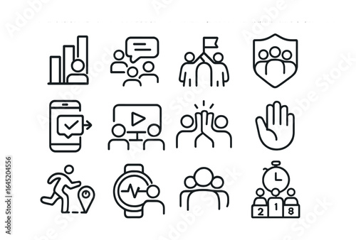 Fitness Icon Grid. Outline vector icons of group fitness and social features: leaderboard, group chat, shared