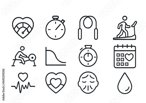 Cardio Training App Icons. Outline vector icons of cardio-focused training apps: heart zone, HIIT intervals,
