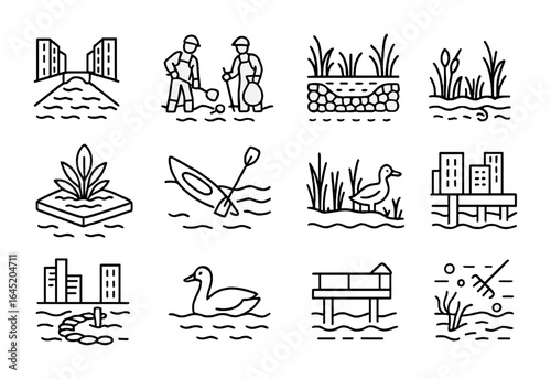 Urban Waterway Icons. Outline vector icons of urban waterway restoration: canal view, cleanup crew,