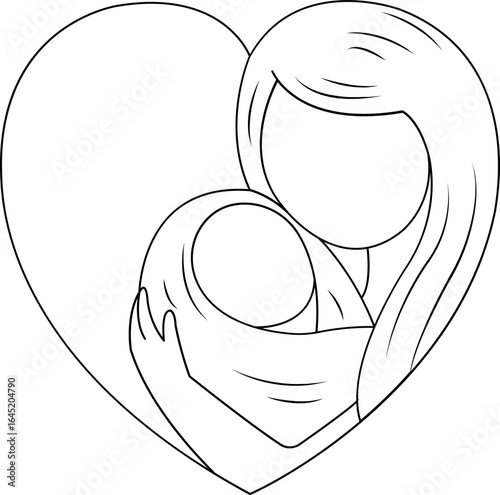 Minimalist line art of a faceless mother holding her swaddled baby inside a large heart shape.