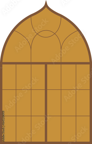 Ornate golden brown arched window with an ogee top and decorative tracery.