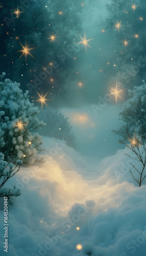 Snow-covered path among snowdrifts and fairy-tale fir trees illuminated by magic stars and Christmas lights in the winter forest New Year's mood Magical winter holiday The glow of the coming Christmas