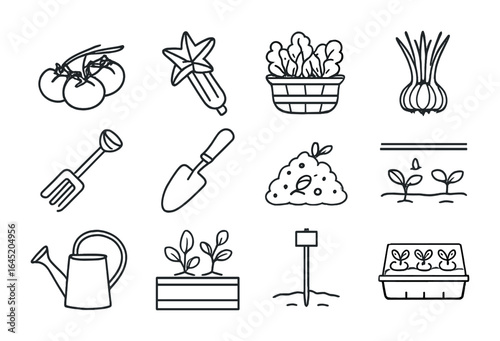 Garden Icons Grid. Outline vector icons of market garden produce: tomato vine, zucchini flower, basket of