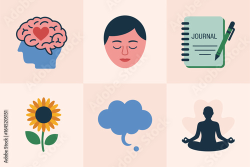 Self care and mental health icons, brain calm face journal sunflower thought cloud meditation vector, wellness illustration, mindfulness clipart, positive habit design