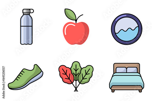 Wellness routine icon collection, water bottle apple water glass running shoe leafy greens bed vector, healthy life illustration, fitness and nutrition clipart, daily habit design