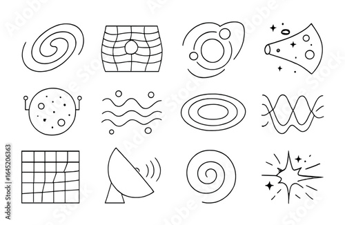 Astrophysics Icon Grid. Outline vector icons of astrophysics and cosmic energy: galactic wave, space-time