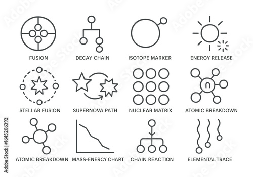 Nuclear Astrophysics Icons Grid. Outline vector icons of nuclear astrophysics concepts: fusion core, decay