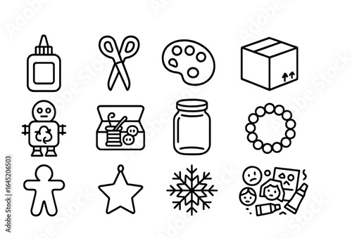 DIY Family Fun Icons. Outline vector icons of DIY family fun: glue bottle, scissors icon, paint palette,