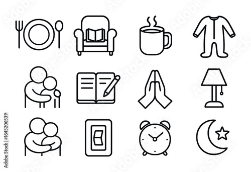 Evening Family Ritual Icons. Outline vector icons of evening family rituals: dinner plate, storytelling chair,