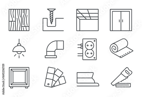Interior Fit-Out Icons. Outline vector icons of interior fit-out construction: flooring icon, drywall mount,