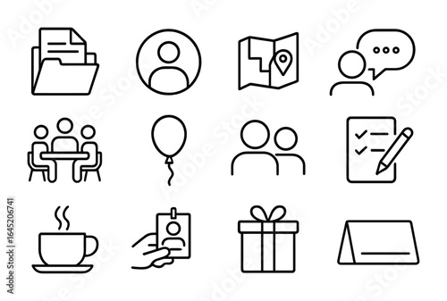 New Hire Onboarding Icons. Outline vector icons of new hire integration activities: orientation folder, name