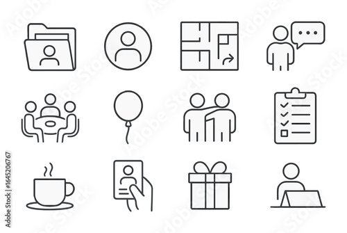 New Hire Onboarding Icons. Outline vector icons of new hire integration activities: orientation folder, name