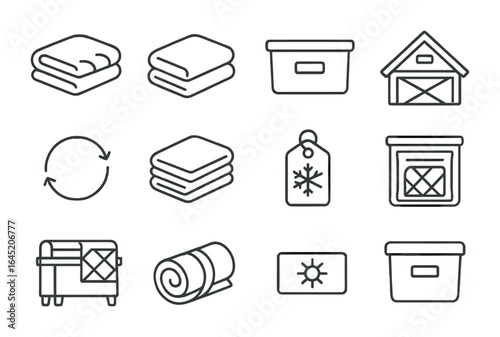 Seasonal Storage Icons. Outline vector icons of seasonal fabric storage: winter blanket, summer towel, labeled