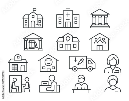 Social Infrastructure Icons. Outline vector icons of social infrastructure: school building, public hospital,