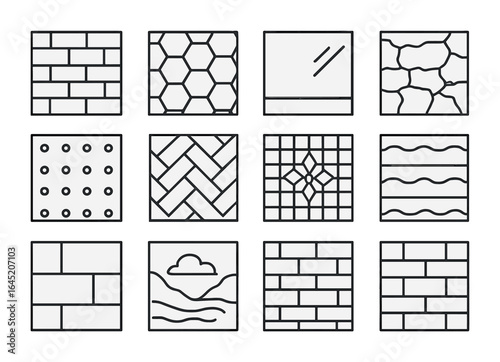 Backsplash Style Icons Grid. Outline vector icons of backsplash styles: classic white, geometric pattern,