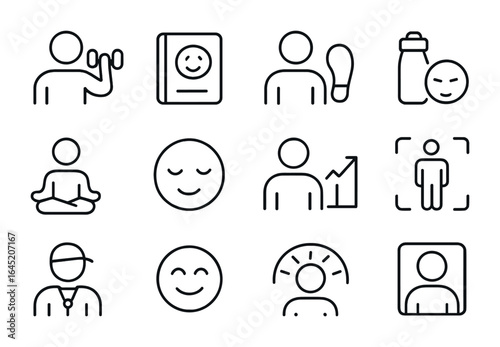 Health App Icons. Outline vector icons of avatars in health and wellness apps: fitness avatar, mood diary,