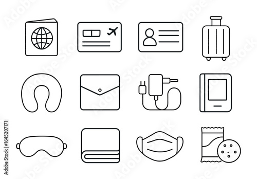 Air Travel Essentials. Outline vector icons of air travel essentials: passport icon, boarding pass, ID card,