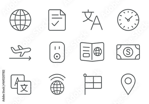 International Travel Icons. Outline vector icons of international travel flight: globe icon, customs form,