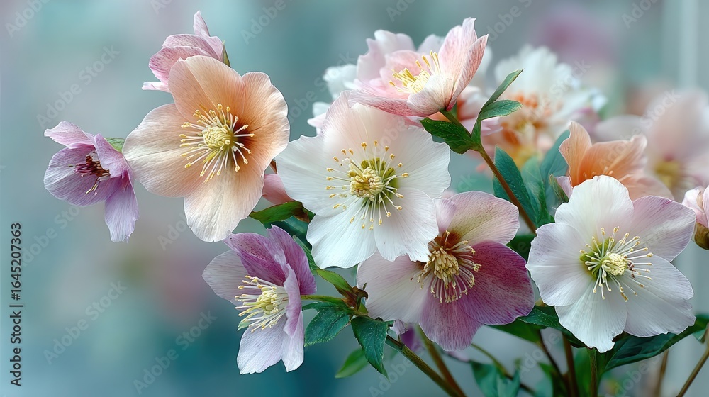 Obraz premium Cluster of Pale Hellebore Blooms in Soft Focus