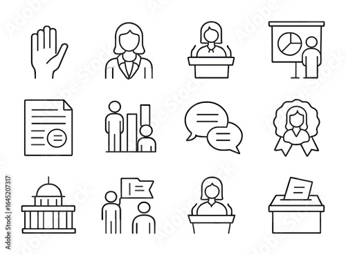 Gender Equality Icons. Outline vector icons of gender equality in politics: voting hand, female candidate,