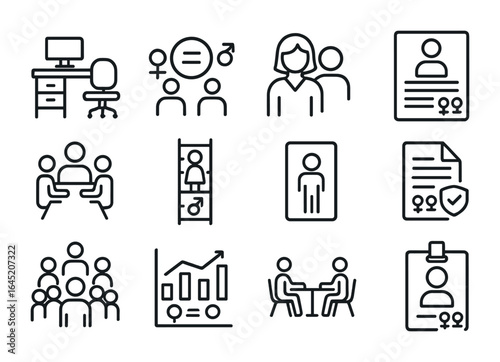 Gender Equality Icons. Outline vector icons of workplace gender inclusion: office desk, equal salary, team