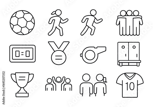 Gender Equality Icons. Outline vector icons of gender equality in sports: soccer ball, female athlete, male