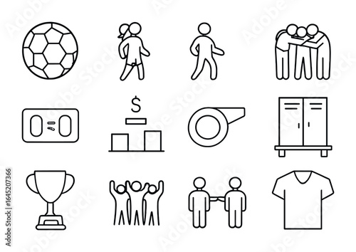 Gender Equality Icons. Outline vector icons of gender equality in sports: soccer ball, female athlete, male