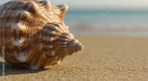 Seashell on Sandy Beach with Ocean View Close Up