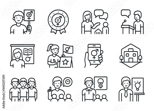 Icons of Equality. Outline vector icons of youth and gender equality: young activist, equality badge, debate