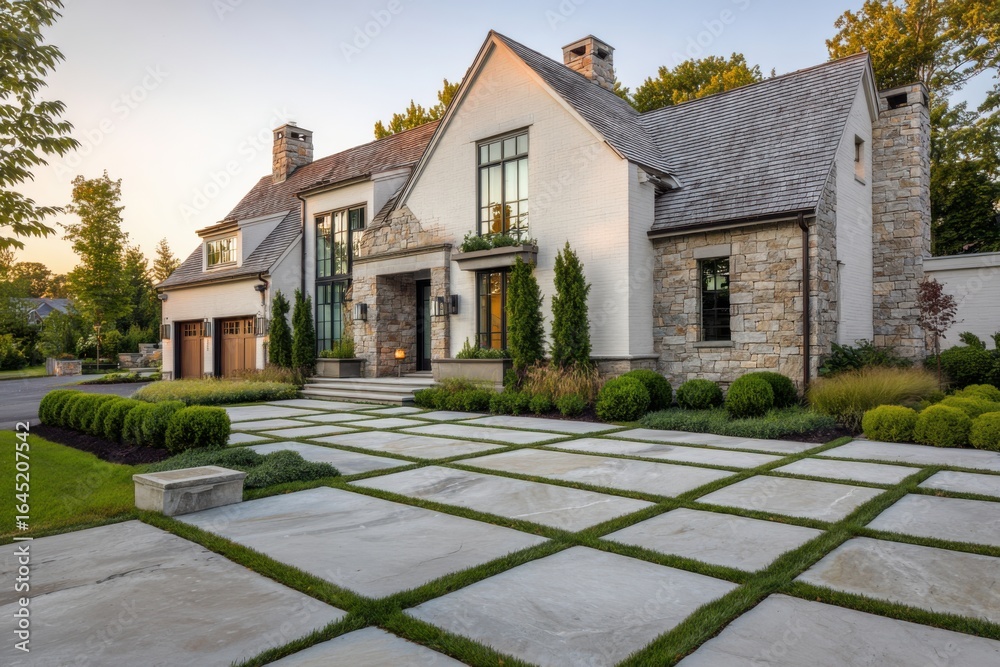 Naklejka premium A stunning contemporary house featuring elegant stone accents, complemented by a beautifully landscaped garden, is perfectly illuminated at dusk within a tranquil neighborhood setting