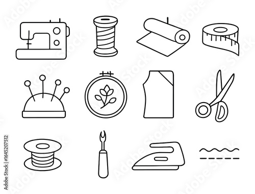 Sewing Icon Grid. Outline vector icons of sewing and textiles night: sewing machine, thread spool, fabric roll
