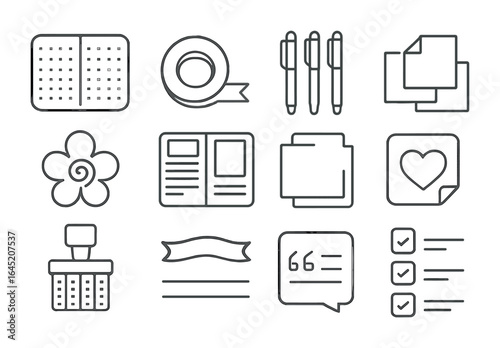 Creative Journaling Icons. Outline vector icons of creative journaling night: bullet journal, washi tape, gel