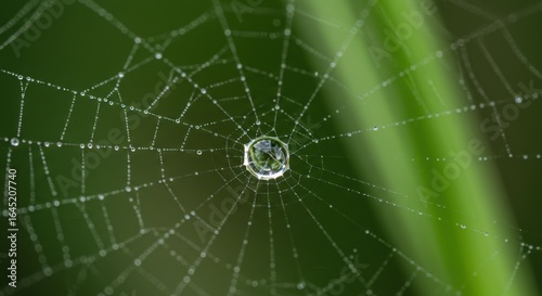 Spiderweb with Dew Drops Close-up Sparkling in the Morning Light