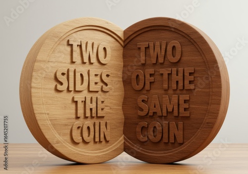 Two sides of the same coin, wooden concept illustration