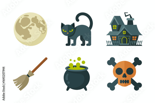 Moon cat and haunted house icons, witch broom cauldron skull, halloween night vector, creepy party illustration, seasonal design