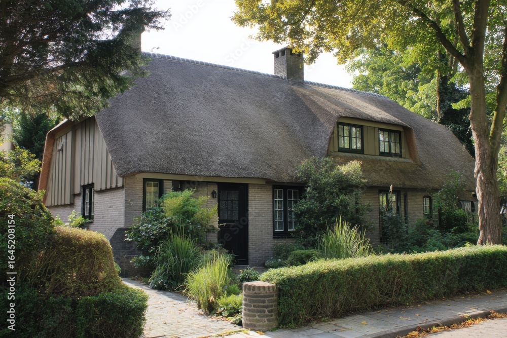Fototapeta premium Charming thatched-roof cottage nestled in a lush garden on a sunny day, showcasing traditional architecture and vibrant greenery in a tranquil neighborhood