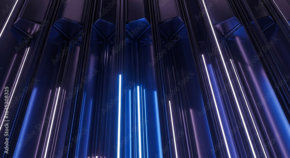Fototapeta premium A high-angle view captures a mesmerizing pattern of glowing vertical lines predominantly blue with interspersed white streaks suggesting a futuristic cityscape or digital realm
