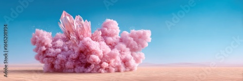 A surreal landscape featuring pink crystalline formations emerging from a cloud of colorful dust against a clear blue sky.