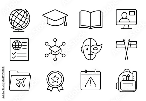 International Education Icons. Outline icon set of international education: world globe, student hat, open