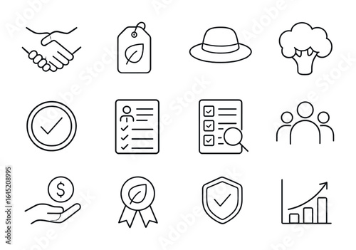 Ethical Sourcing Icons. Outline icon set of ethical sourcing: handshake icon, fair trade tag, farmer hat,