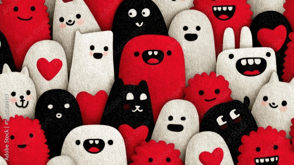 Cute Kawaii Geometric Pattern with Hearts and Animals