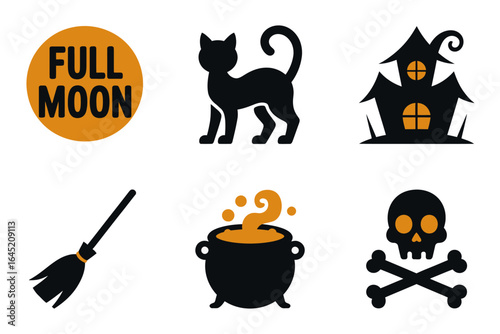 Full moon emblem with black cat and haunted house, cauldron skull and crossbones, halloween icon collection, clean vector, party decor assets