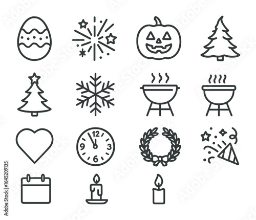 Holiday Icon Set. Outline icon set of holiday seasons: Easter egg, firework burst, Halloween pumpkin,